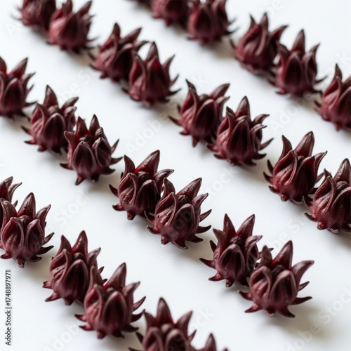 A striking geometric pattern of fresh red roselle calyces, a hibiscus sabdariffa ingredient for herbal tea, displayed in orderly rows