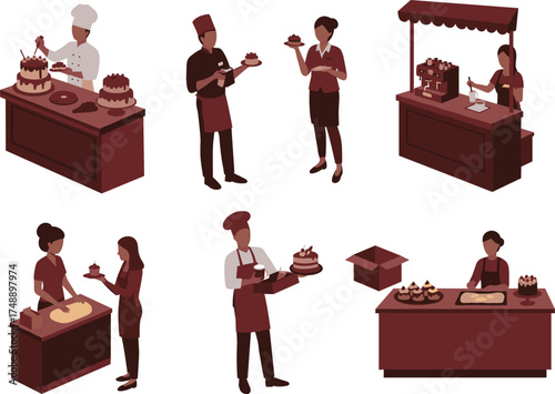 bakery illustration set, dessert service icons, cake decorating, cupcake counter, coffee stall, chef delivery, teamwork scene, black vector, pastry shop