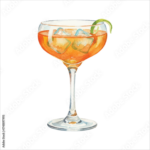 Triple Sec Orange Cocktail Watercolor Vector Illustration on White Background
