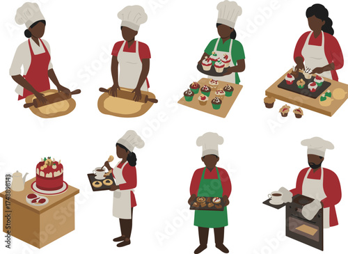 baking activity icons, cupcake decoration, pastry preparation, chef silhouette, rolling dough, oven tray, cake serving, kitchen tools, black red vector