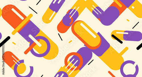 Abstract pattern of pharmaceutical capsules and medical supplies with vibrant colors and geometric shapes