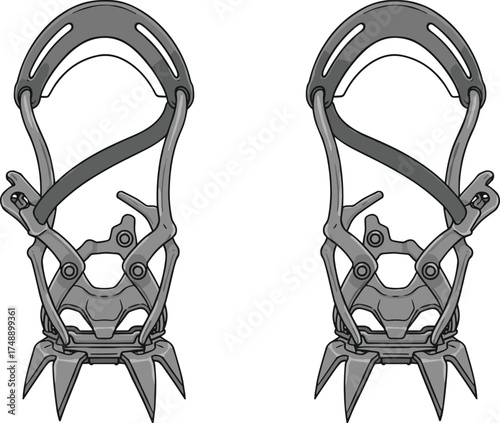 Climbing crampons vector illustration with sharp metal spikes and adjustable straps, essential mountaineering gear for ice climbing, hiking, trekking, outdoor adventure