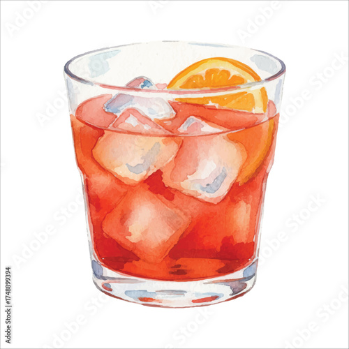 Campari Negroni Watercolor Vector Illustration on White Background
