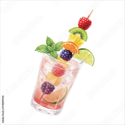 Watercolor Fruit Skewer Cocktail with Mint and Berries on White Background
