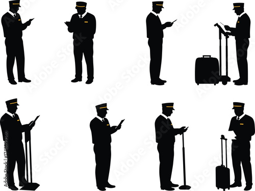 Concierge silhouette illustration, hotel staff with tablet, travel service posture, luggage and stanchion scene, black vector art, hospitality professional moment