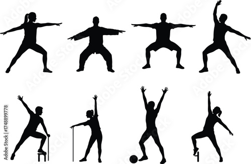 exercise silhouette icons, stretching poses, fitness routine, rehabilitation movement, chair step, yoga stance, cane support, ball exercise, black vector