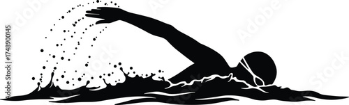 freestyle swimmer silhouette, water splash, swimming motion, goggles and stroke, aquatic sport, black and white, swim technique, ocean activity, athlete in action