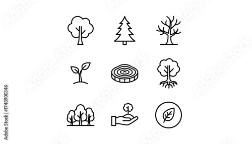 Tree line icon set. Forest, wood, and plant symbols. Vector collection of nature, ecology, and environment signs. Includes sapling, growth, leaf, root, and stump icons.