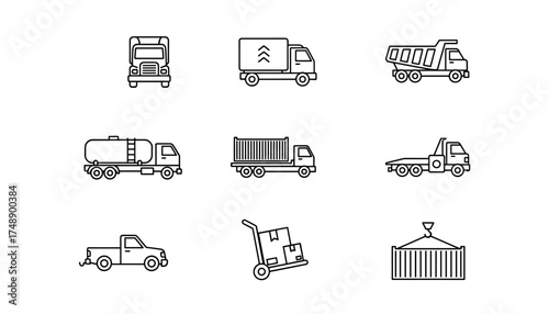 Trucks and transport vector icon set. Linear collection for logistics, freight, and delivery. Includes semi, dumper, tanker, container, tow truck, pickup, and cargo icons.