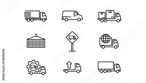 Truck and logistics line icon set. Linear symbols of delivery, shipping, cargo transport. Vector collection with van, semi-truck, container, global freight and package concept.