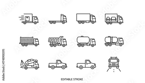 Trucks line icon set. Transport, delivery, logistics business. Cargo, shipping, freight. Lorry, dump truck, tanker, pickup, tow truck, semi truck vector symbols. Editable stroke.