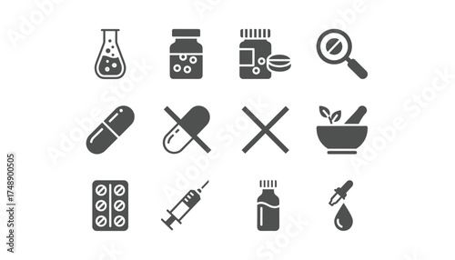 Medical and pharmacy vector icon set. Collection of pharmacology glyphs including pills, bottle, syringe, lab flask and mortar. Healthcare, treatment and medicine symbols.