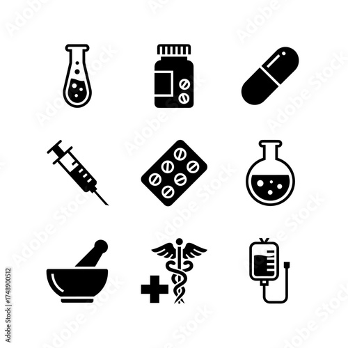 Medical and pharmacy vector icon set. Healthcare pictograms collection. Includes syringe, pills, capsule, test tube, flask, mortar, pestle, caduceus symbol, and IV drip bag.