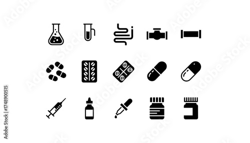 Medical and pharmacy vector icon set. Medicine, pills, capsules, and science lab equipment. Healthcare drugs, syringe, flask, and test tube. Solid glyph silhouette collection.