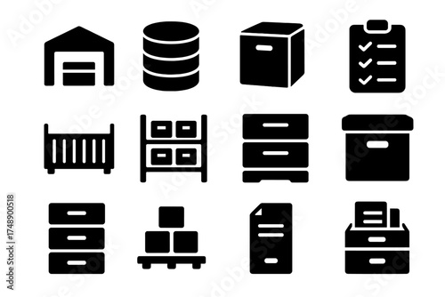Storage icon set for logistics and inventory management. Solid glyph collection with warehouse, database, box, container, shelf, archive, pallet, checklist and document symbols.
