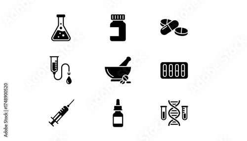 Medical and pharmacy vector icon set. Solid glyphs collection for science, lab and healthcare. Includes flask, pills, IV drip, mortar and pestle, syringe, dropper, and DNA.