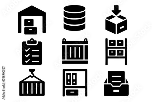 Storage and logistics icon set for supply chain management. Contains warehouse, database, inventory, shipping container, cargo, delivery box, stock shelf, and archive symbols.