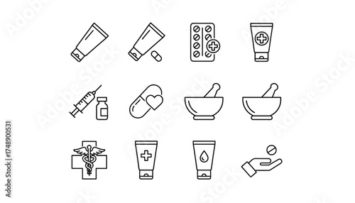 Pharmacy and medicine line icon set. Vector collection of drug store symbols. Pills, cream tube, syringe, capsule, mortar and pestle, caduceus for healthcare design.