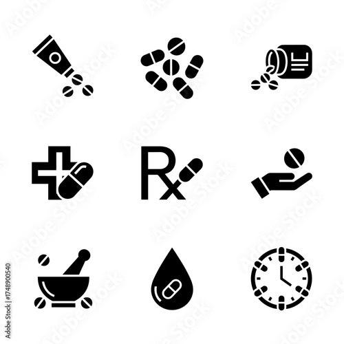 Medical and pharmacy vector icon set. Pills, capsules, tablets, Rx prescription, medicine bottle, mortar and pestle, medication dose time clock. Healthcare and treatment symbols.