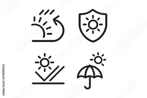 Sun protection line icon set. UV radiation shield, sunblock filter, and solar defense pictogram. SPF, UVA, UVB reflection symbol for cosmetics, dermatology, and weather.