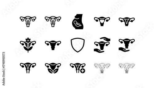 Uterus icon set, female reproductive system glyphs. Vector symbols for gynecology, women's health, pregnancy, fertility. Anatomy, maternity, reproductive care and protection concept.