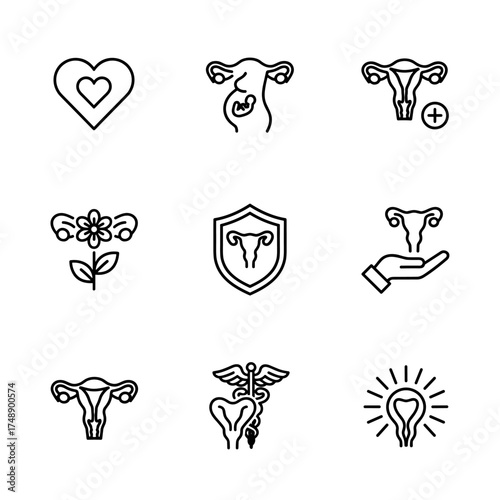 Women's health and gynecology icon set. Uterus, pregnancy, fertility and female reproductive system care symbols. Medical protection, awareness and treatment vector glyphs.