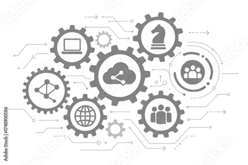 Technology mechanism concept with integrated gears and icons. Digital strategy, internet network, and communication abstract background. Social media, cloud computing, and teamwork.