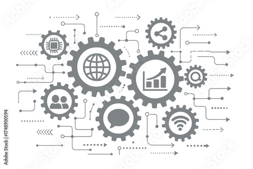 Technology mechanism abstract concept. Integrated gears with icons for digital strategy, internet, network, connect, communicate, social media, business growth and analytics vector.