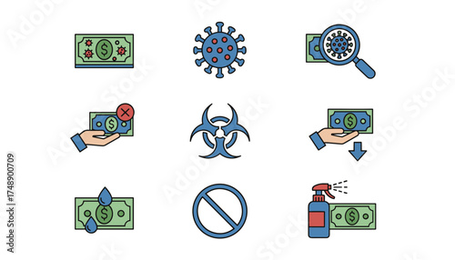 Coronavirus on banknote vector icon collection. Concepts of contaminated money, financial crisis, economic recession, hygiene, disinfection, health risk, and pandemic safety.