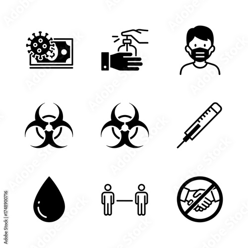 Virus pandemic prevention icon set. Covid safety measures. Social distancing, face mask, hand sanitizer, no handshake, vaccine, biohazard symbol, contaminated money vector icons.