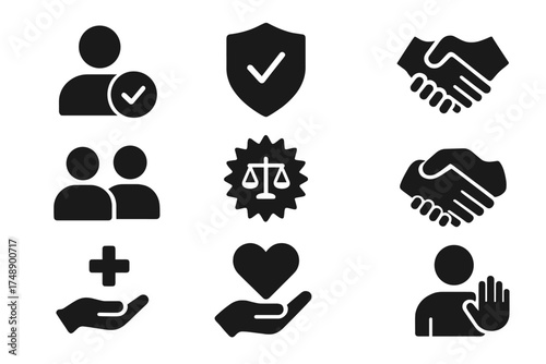 Trust and ethics glyph icon set. Vector collection of pictograms for business concepts like honesty, credibility, partnership, integrity, promise, responsibility and quality.
