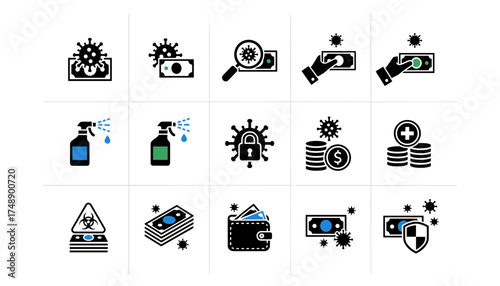Virus on money vector icon set. Contaminated cash, dirty banknotes. Financial crisis, economic risk. Hygiene, disinfection, protection from bacteria, coronavirus, covid.