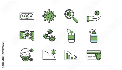 Coronavirus pandemic and economic crisis icon set. Virus on money, financial recession graph, hand sanitizer, face mask and secure payment vector line art illustration.