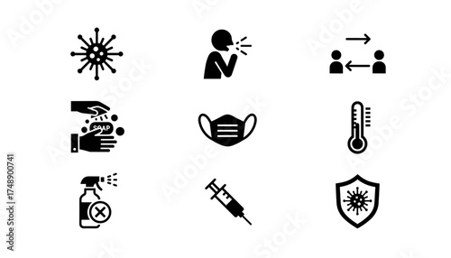 Virus transmission and prevention icon set. Vector glyphs for disease, infection, and pandemic safety. Includes hygiene, mask, vaccine, and social distancing symbols for health.