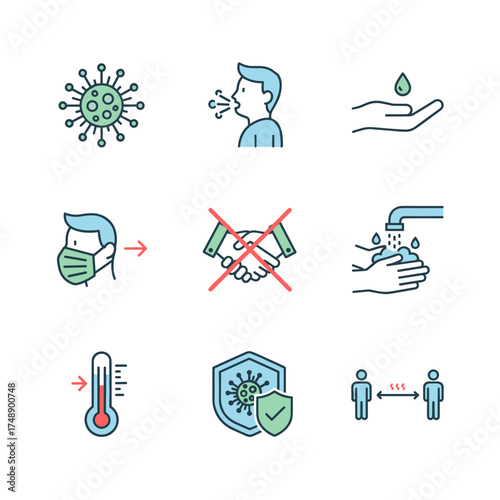 Coronavirus disease prevention line icon set. Covid-19 virus transmission, health safety rules. Social distancing, face mask, hand washing, no handshake, fever symptoms icons.