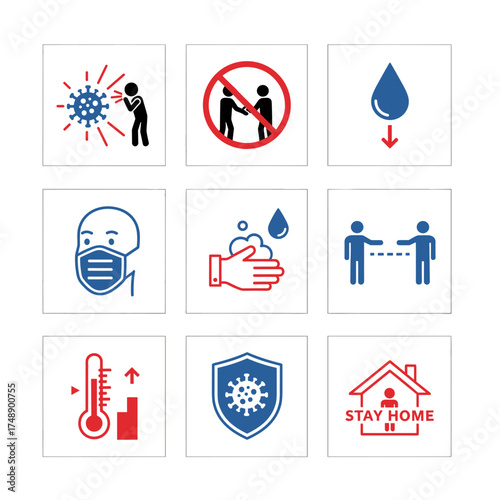 Virus prevention and safety measure icon set. Coronavirus pandemic infographic elements. Social distancing, face mask, wash hands, stay home, fever symptom vector signs.