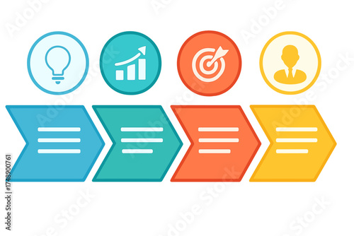 Business process infographic template. Vector timeline diagram with 4 steps and flat icons. Concept of workflow, from idea and growth to goal and business success.