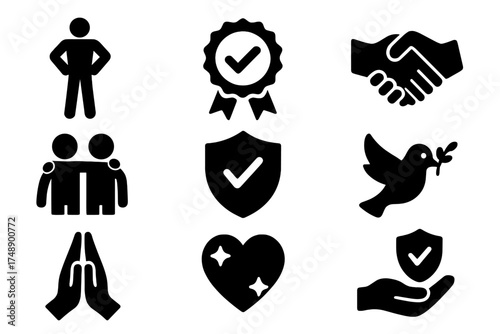 Trust solid glyph icon set. Features icons of confidence, credibility, promise, trustworthy, friends, truth, faith, sincerity, honesty, belief, peace, and security.