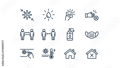 Virus transmission and prevention line icon set. Vector symbols for hygiene, social distancing, face mask, and hand sanitizer. Health care infographic for covid-19 pandemic.