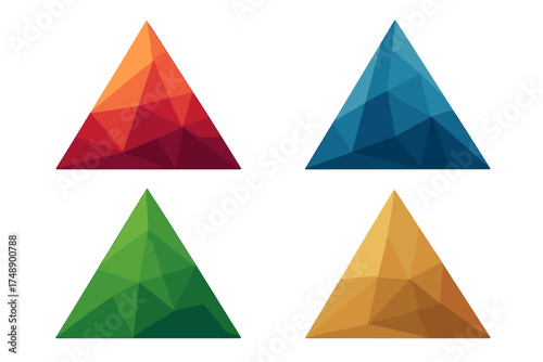 Set of colorful abstract geometric triangle icons. Modern low poly polygonal shapes collection. Vector illustration of faceted crystal style design elements in red, blue, green, yellow.