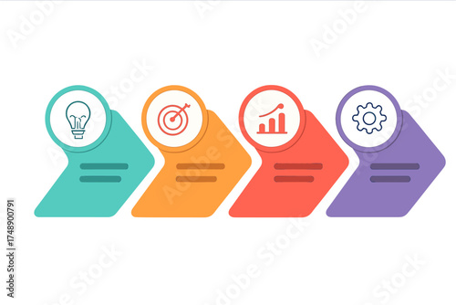 Infographic template with 4 steps. Business process diagram. Workflow or timeline with colorful arrows. Concept of strategy, idea, goal, growth, and development. Vector.