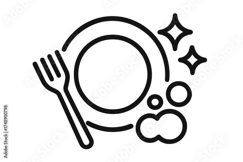Dish washing icon with clean sparkling plate and fork. Household chores vector. Hygiene and cleanliness concept. Kitchen utensils with soap foam. Dishwashing detergent symbol.