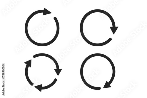 360 degree view vector circle icons. Signs for rotation, panorama, virtual reality tour. Reload, refresh, recycle symbol set. Circular arrow for loop, spin, and restart.