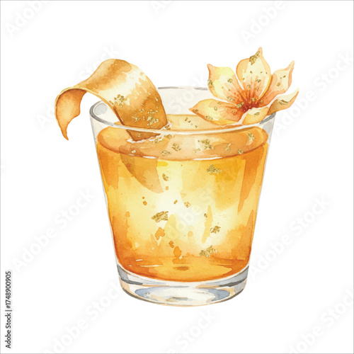 Watercolor Gold Leaf Garnish Cocktail with Orange Peel on White Background

