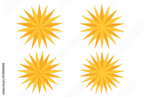 Yellow orange starburst vector set. Sunburst explosion shape for retro comics. Radial flash sale badge icon. Abstract geometric sun star sticker. Light ray design element for label.