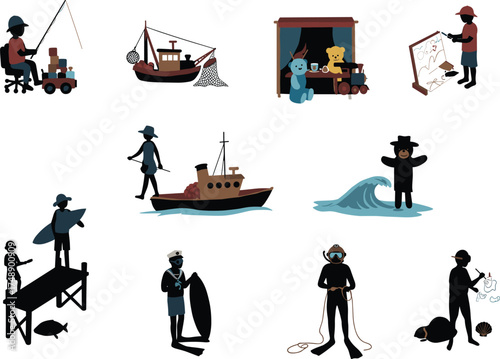 marine life, ocean activities, fishing boat, surfboard, wetsuit, sea exploration, turtle interaction, dock fishing, wave riding, marine education, coastal adventure