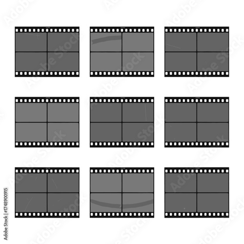 Vistavision film frames vector set. 3x3 grid of 4K retro cinematic film strips with dust, scratches, grain texture. Empty photo video placeholders, analog movie borders.
