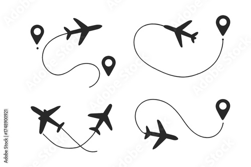 Airplane routes icon set. Plane path with start and end destination points. Aircraft flight tracking with map location pins. Vector line art illustration for travel and journey.