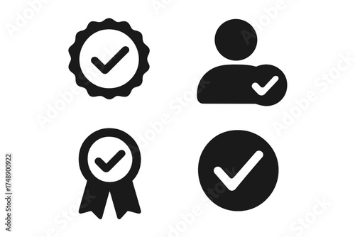 Approved icon set. Profile verification and user accept badge. Quality check mark. Certified medal. Correct symbol with tick. Guaranty sticker collection vector illustration.
