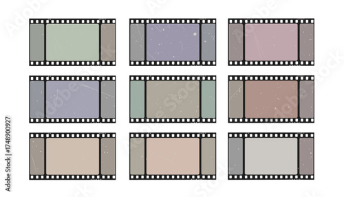 Set of nine vintage Vistavision film frames. Vector collection of retro photo borders with scratches and dust texture. Old grunge movie strip for cinematic design concept.
